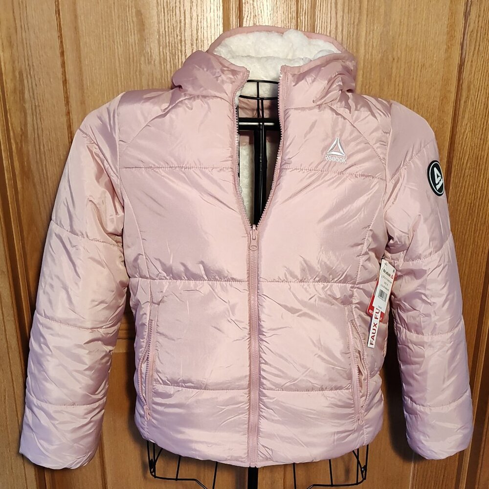 Reebok girl's light pink (mauve) reversible hooded puffer jacket, NWTs, size 18